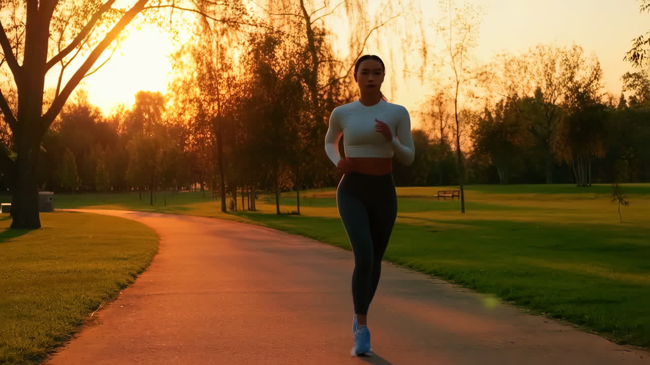 mujer corriendo en un parque al atardecer