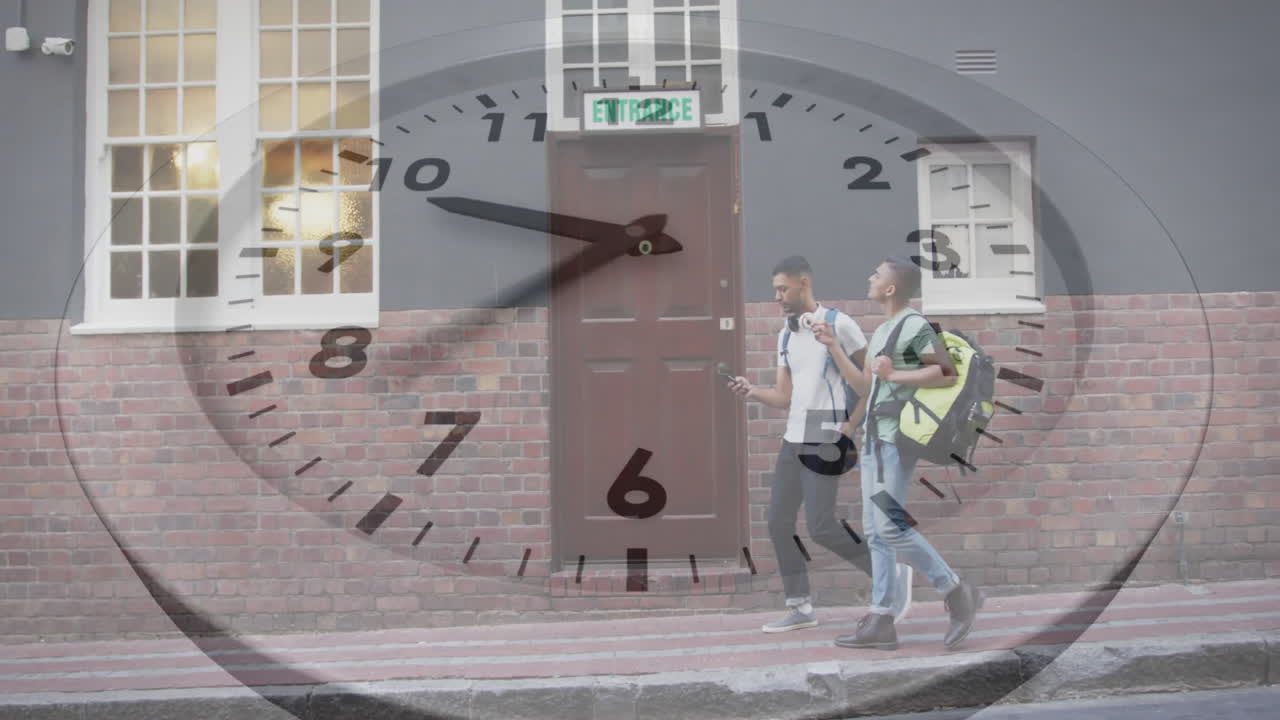 Animation of clock with fast moving hands over biracial male friends with backpacks in street