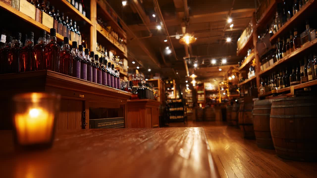 Interior of a liquor store with wine and spirits displayed on wooden shelves