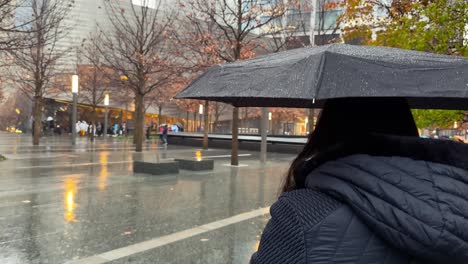 back view of female in warm jacket waking with umbrella in new york on rainy winter day