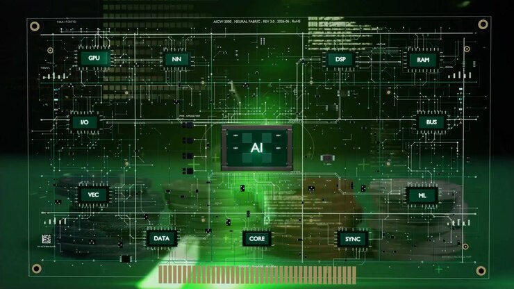 Green glow rising sparking central AI chip appearing, circuits connecting to show connections