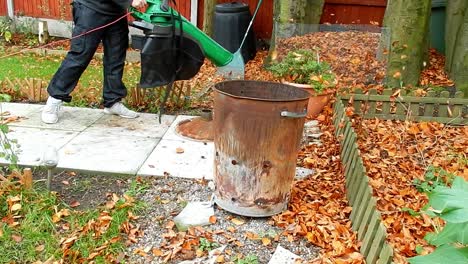 clearing leaves in windy garden with leaf blower vacuum