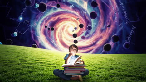 young boy reading a magical book in a cosmic fantasy landscape