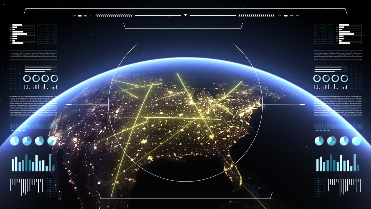 분석 디스플레이에서 지구 행성 3d: 북미에서 이동하는 빠른 선, 데이터 전송과 디지털 연결의 상징, 세계 기술 hud 인터페이스