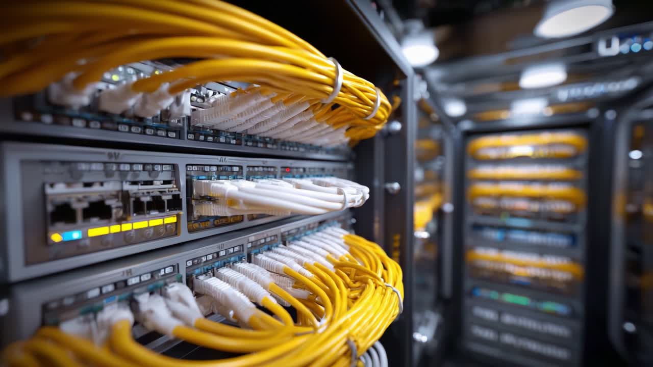 Intricate Close-up of Network Cables and Servers Highlighting Data Connections in a Modern Data Center Environment for Enhanced Network Performance