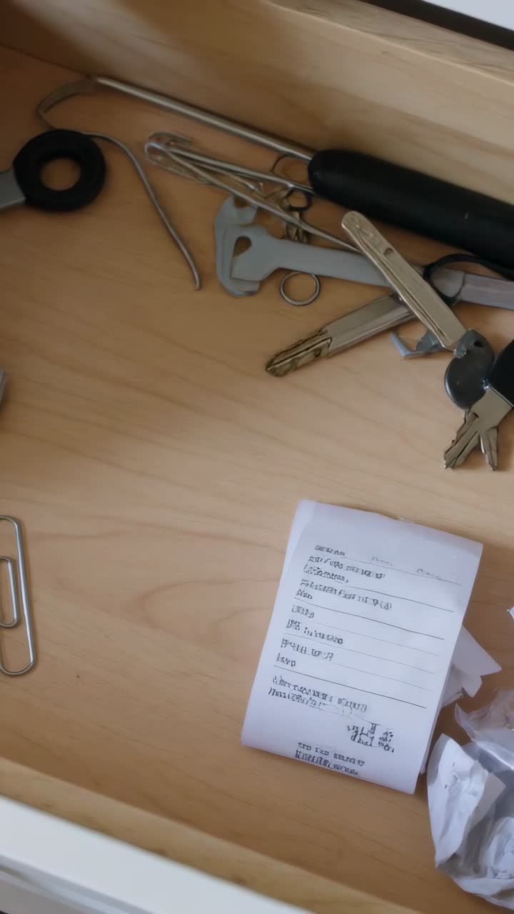 Video verticale: Braccio con polsino che si allunga per cercare in un cassetto, ispezionando una piccola parte metallica per la riparazione.