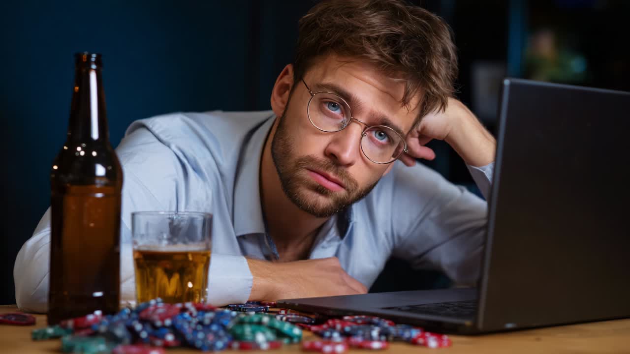 A Contemplative Player's Struggle: Capturing the Emotion of a Young Man Deep in Thought While Playing Online Poker, Surrounded by Poker Chips and a Bottle of Beer in a Dimly Lit Room