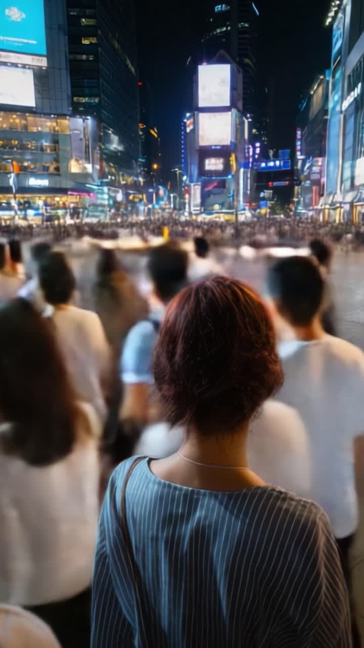 Una vivace scena urbana notturna con folle di persone che attraversano la strada, illuminata da vivaci luci pubblicitarie e dall'energia dinamica della città