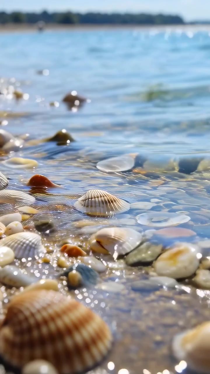 Vertical video: Pulling back camera revealing ridged scallop shell on pebble shore, waves washing