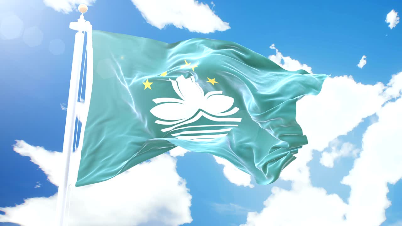 마카오의 현실적인 발이 타임 스 구름 배경에 흔들리고, 세부적인 직물 텍스처와 함께 4k 해상도의 완벽한 루프입니다.