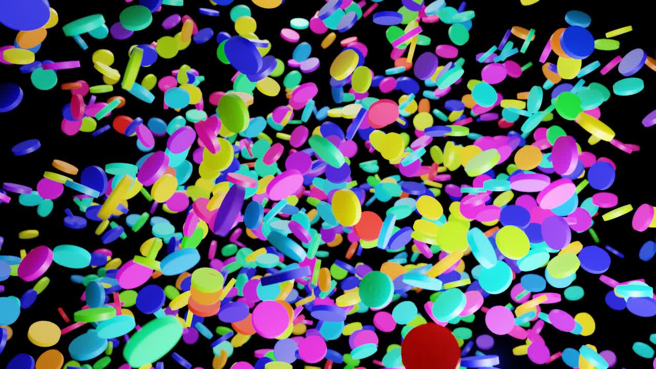 abstract festive background with cloud of circles like disks flashing neon light randomly. Multi-colored cylinders rotating in the air. Loop beautiful bg in 4k. Smooth wiggling animation, 3d rendering