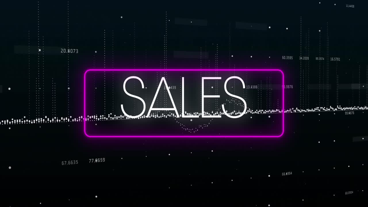 Animation of sales text in rectangle and graphs with increasing numbers against black background