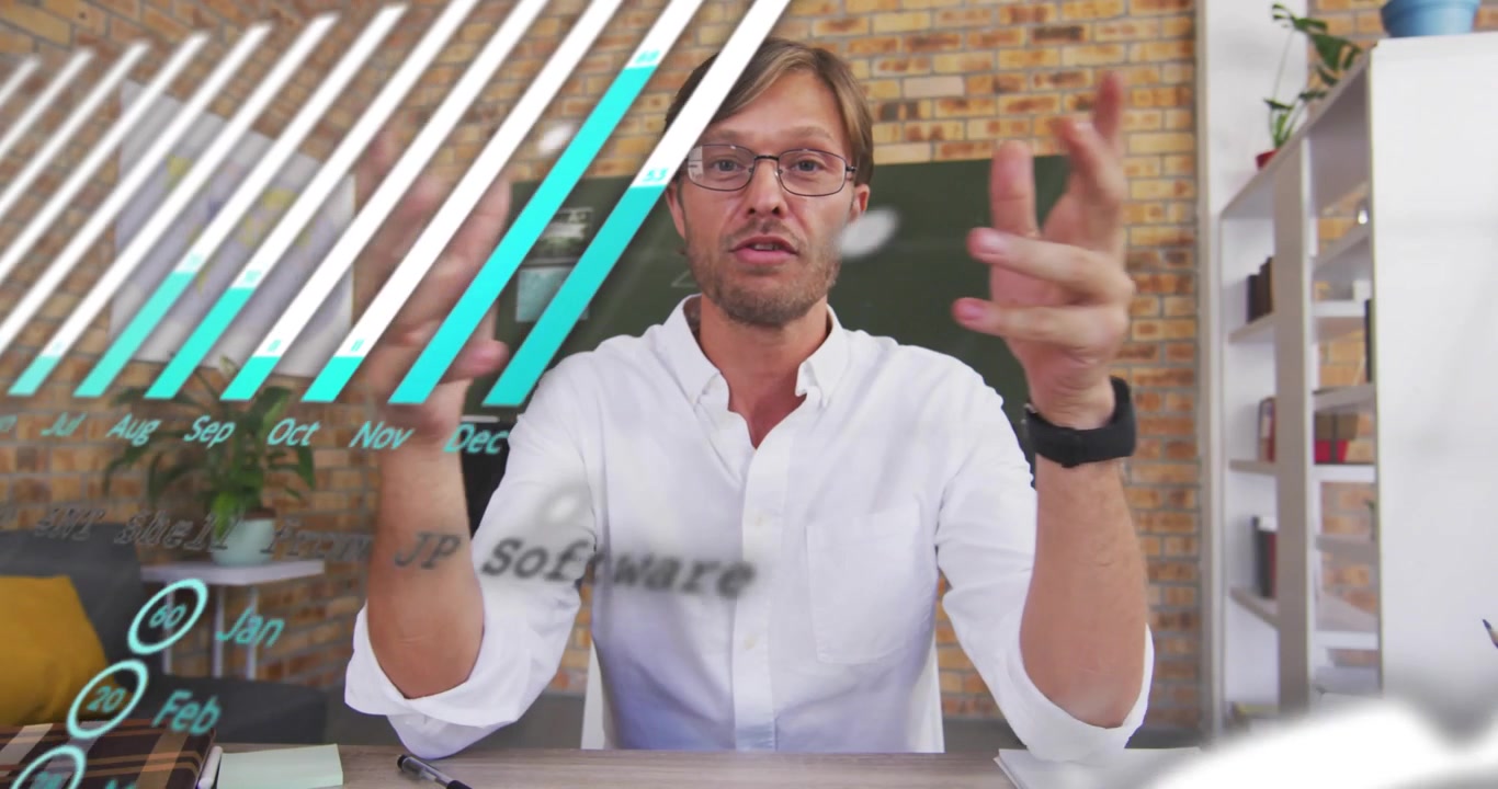 Presenter responding to business bar charts fading in on screen and gesturing, emphasizing trends