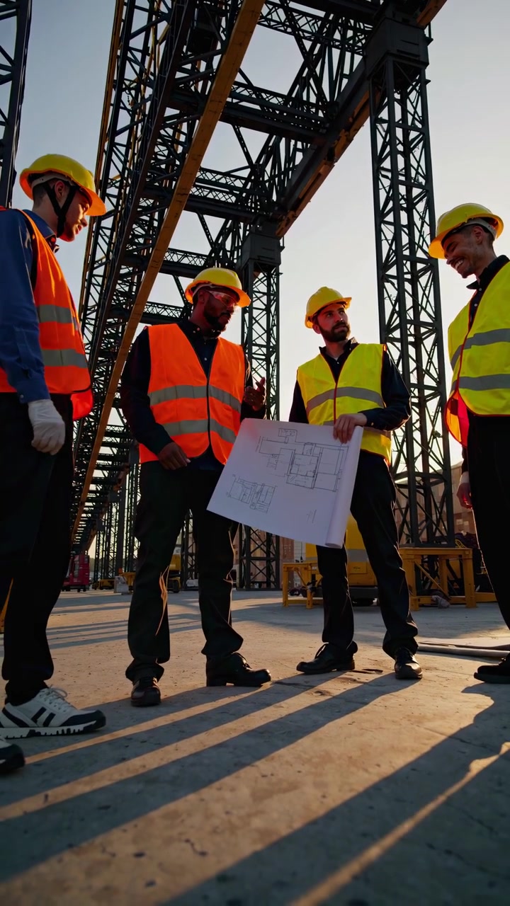 Construction Engineers Reviewing Blueprints at Industrial Site