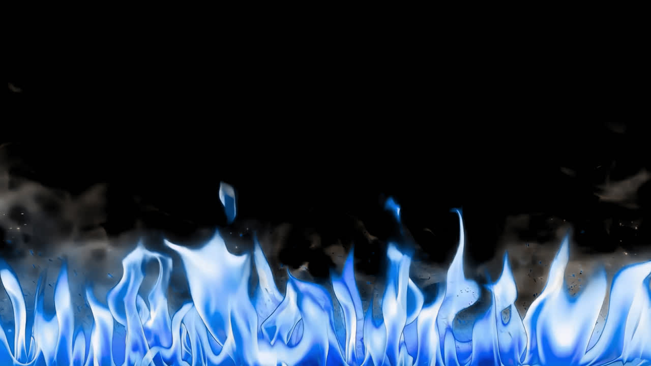 Fiamme blu che si innalzano su uno sfondo scuro, creando una sovrapposizione animata con effetto di fuoco, trasparente.