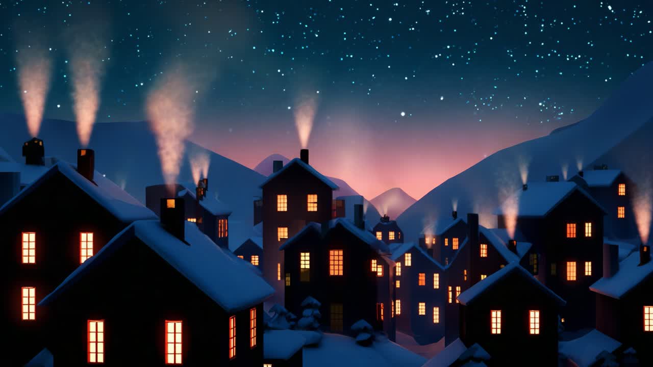 A tranquil winter night unfolds over a picturesque village, where cozy homes with glowing windows are nestled amidst snow-draped hills, and softly smoking chimneys rise into the starlit sky, creating a serene atmosphere
