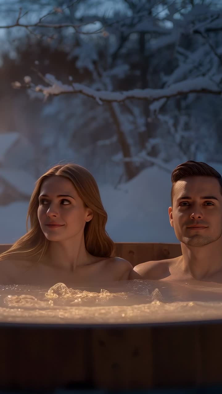 Video verticale: coppia seduta in costume da bagno che sposta lo sguardo mentre registra in una vasca idromassaggio innevata, rilassandosi