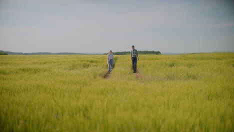 farmers walking through a wheat field