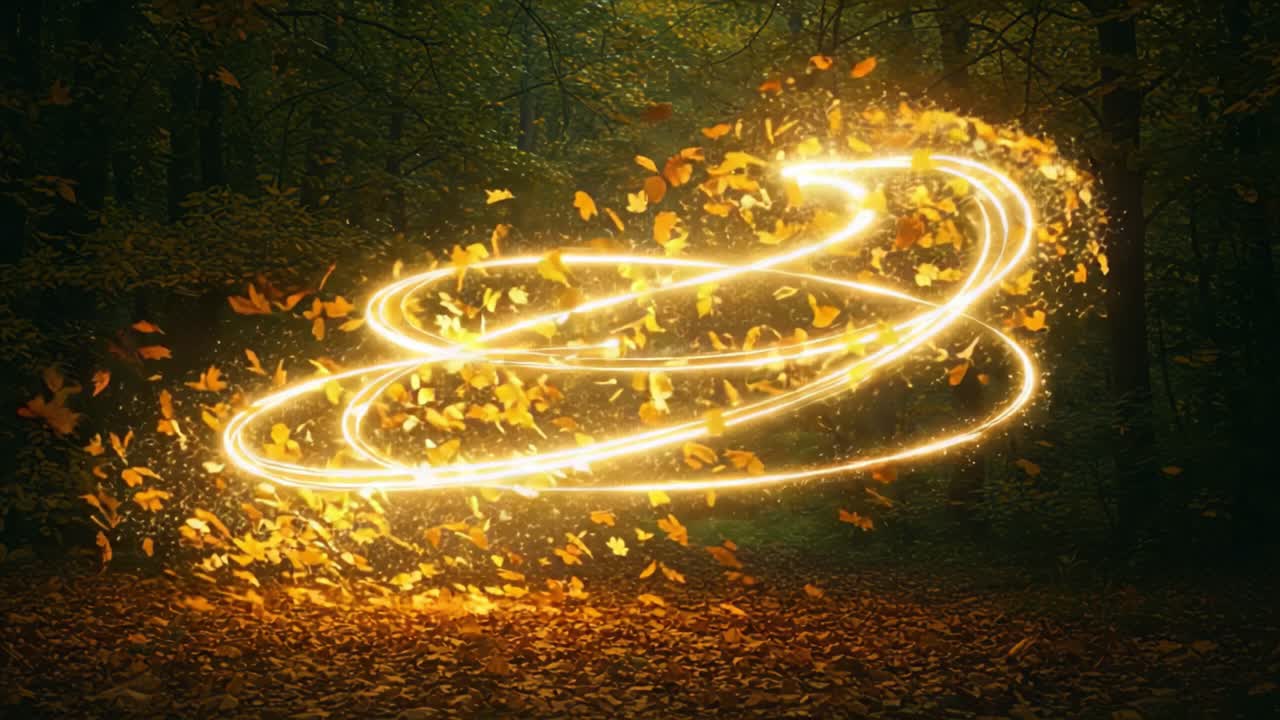 Magical Spiral Dance of Autumn Leaves: A Whirling Display of Golden Hues and Enchanting Light Amidst a Serene Forest Environment