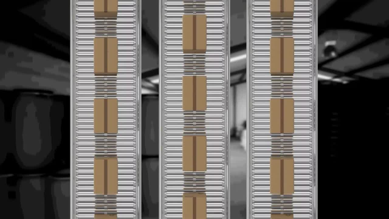 animación de cajas de cartón que se mueven en cintas transportadoras sobre el almacén