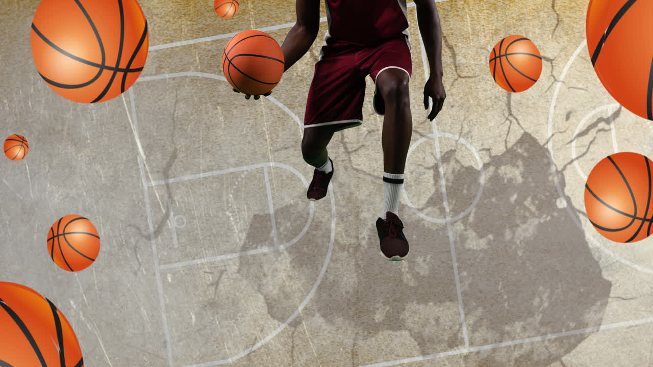 animación de un jugador de baloncesto con pelotas en el fondo de la cancha de baloncesto