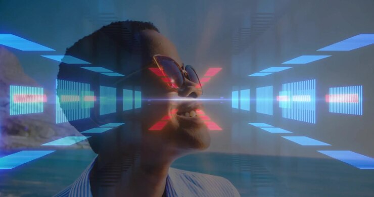 woman wearing sunglasses smiling upward by ocean, showing AR tech with neon bars and light streaks