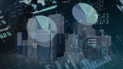 animation of world map with data processing over digital city