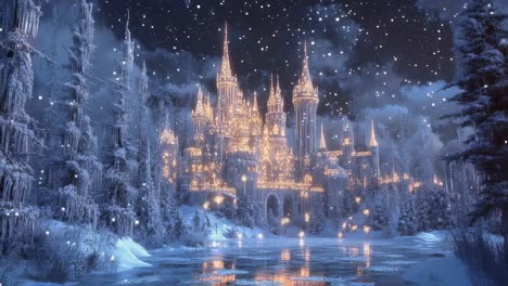 glowing golden lights illuminating fairytale castle. reflecting on frozen lake surrounded by snow covered forest during magical nighttime winter landscape with soft snowfall and sparkling atmosphere