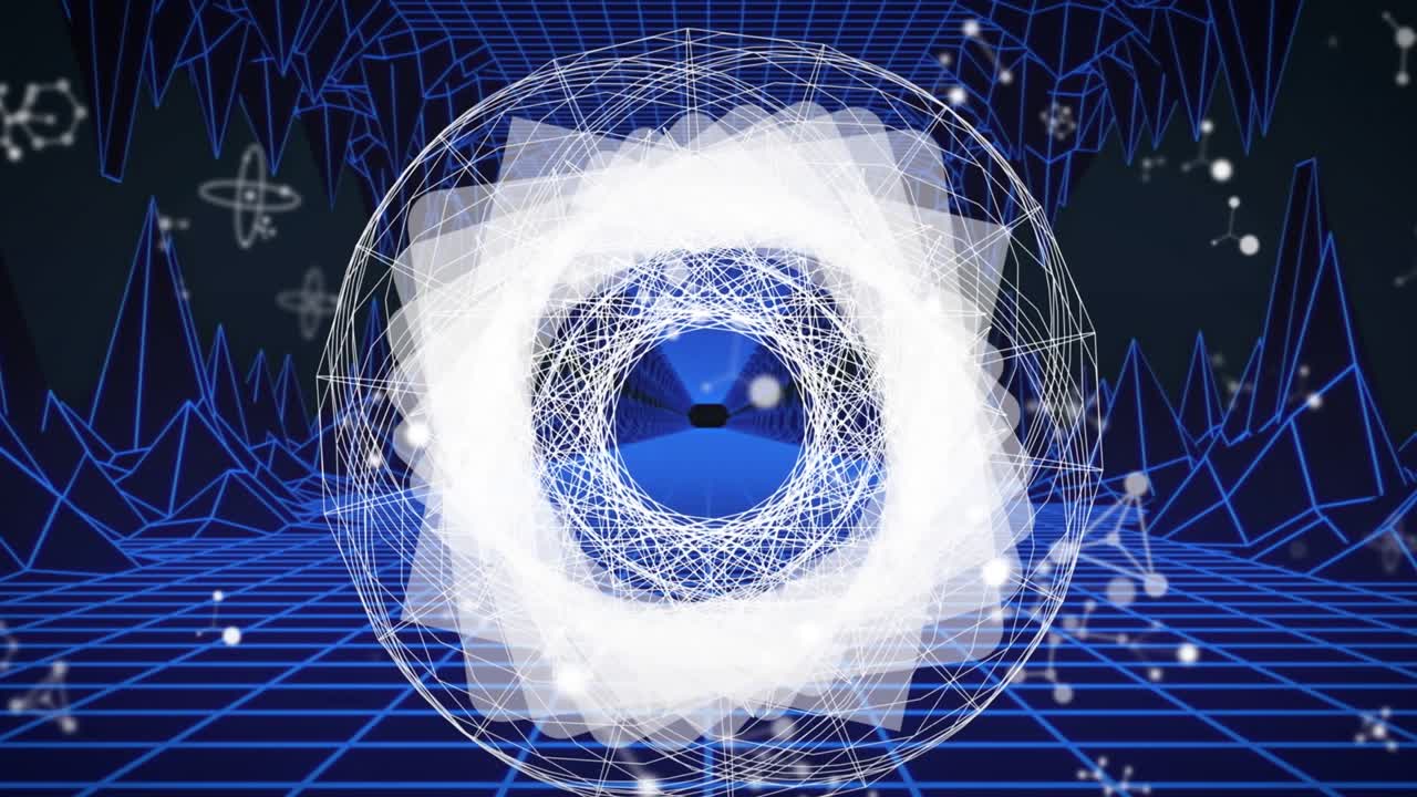 Animation of digital space with molecules and rotating shape