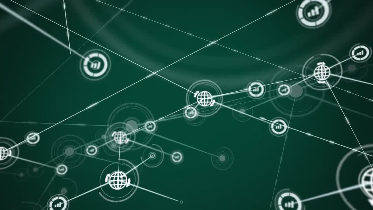 Animation of a network of connected media icons moving on green background