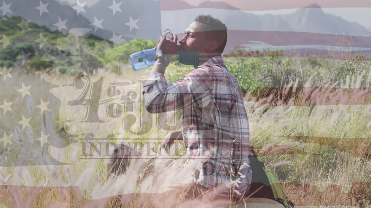 미국  ⁇ 발의 애니메이션과 7월 4일 문자 남자가 마시는 물