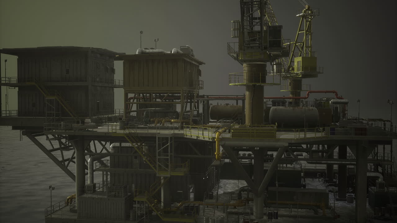 Industrial oil rig at dusk with calm waters and clear skies