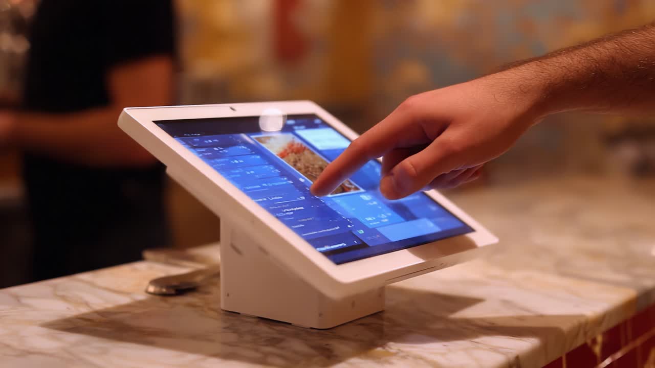 A close-up of a hand interacting with a touchscreen display at a modern service counter, highlighting the digital ordering process and user-friendly interface for efficient customer service