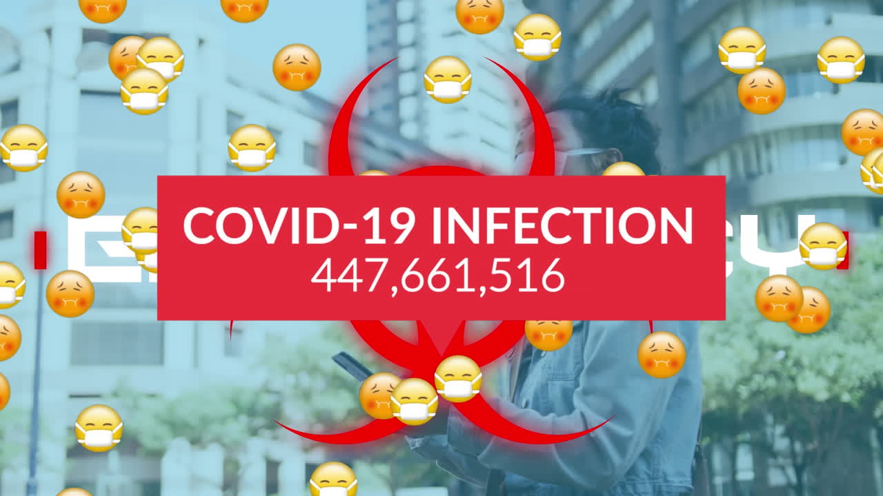 코로나 19 데이터 처리의 애니메이션은 얼굴 마스크와 함께 여러 병자 이모티콘을 통해 처리됩니다.