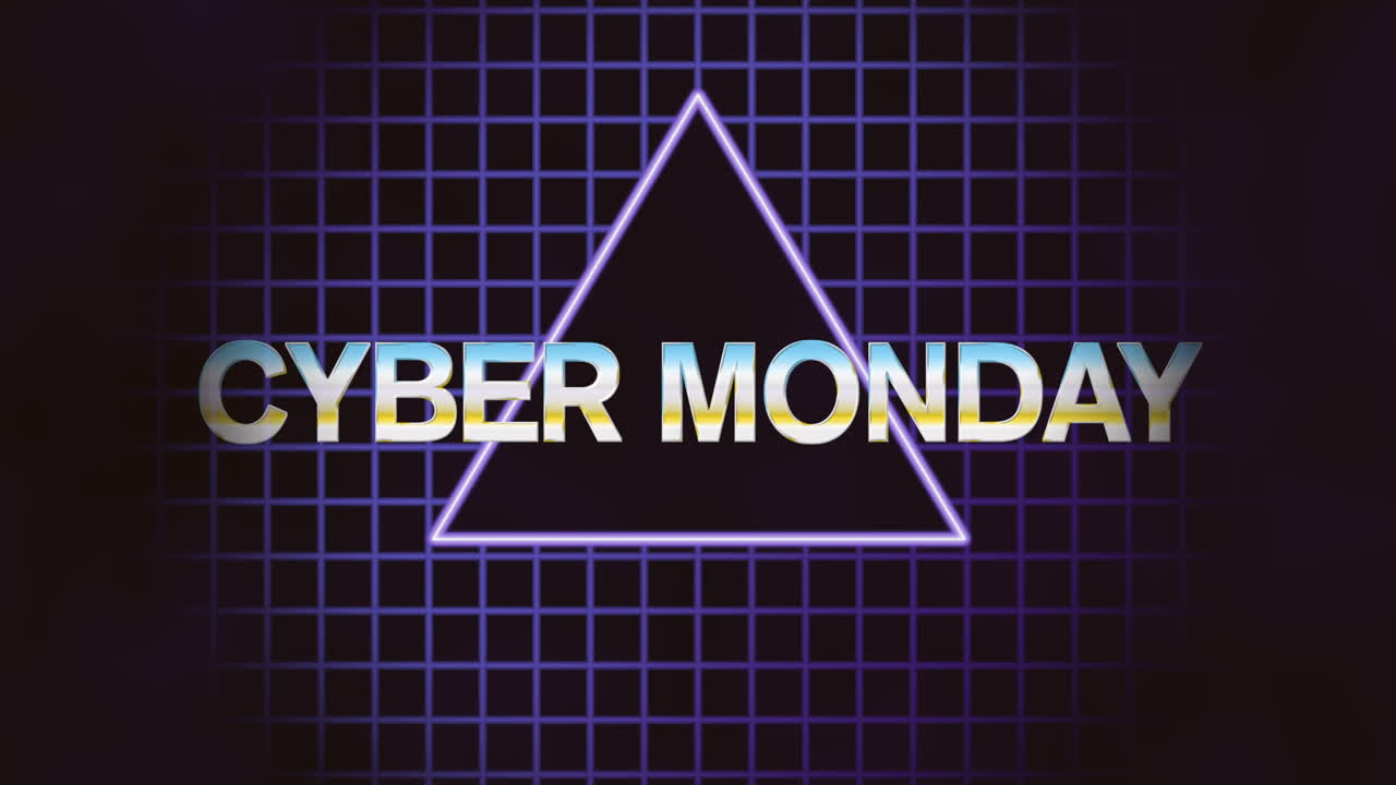 Cyber Monday text with retro triangle and grid in galaxy