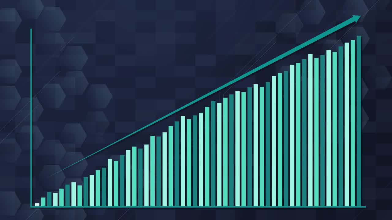 Bar graph and trendline grow on hexagonal digital grid background with teal color palette