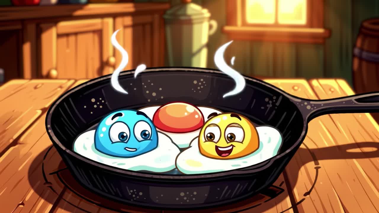 Cheerful Animated Eggs in a Skillet: A Playful Scene of Colorful Characters Enjoying a Warm Breakfast Together in a Cozy Kitchen Setting
