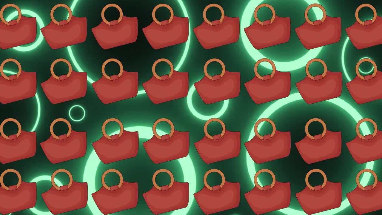 animación de bolsos femeninos sobre fondo negro con círculos de neón