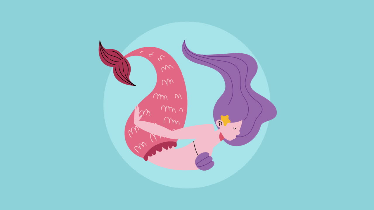 hermosa sirena de cuento de hadas con animación de cabello púrpura
