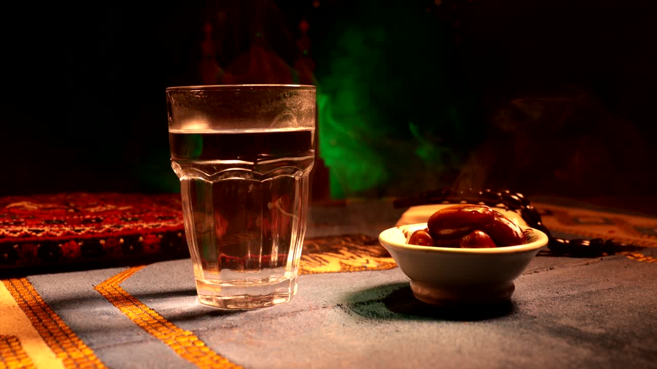 agua y dátiles. el iftar es la comida de la noche. vista deslizante de la decoración vacaciones de ramadán kareem. tarjeta de felicitación festiva, invitación para el mes sagrado musulmán ramadán kareem. fondo oscuro. enfoque selectivo