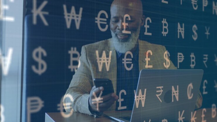 Floating currency icons initiating finance expert grabbing phone, showing finance growth