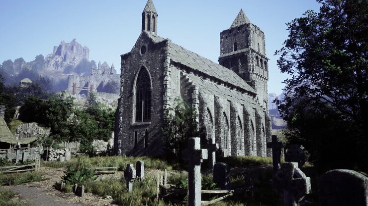Antica chiesa in pietra circondata da tombe vicino a rovine antiche in un paesaggio sereno