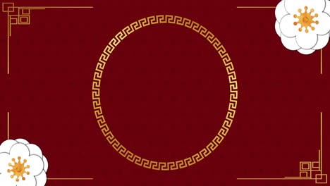 animación de flores y círculo sobre fondo rojo