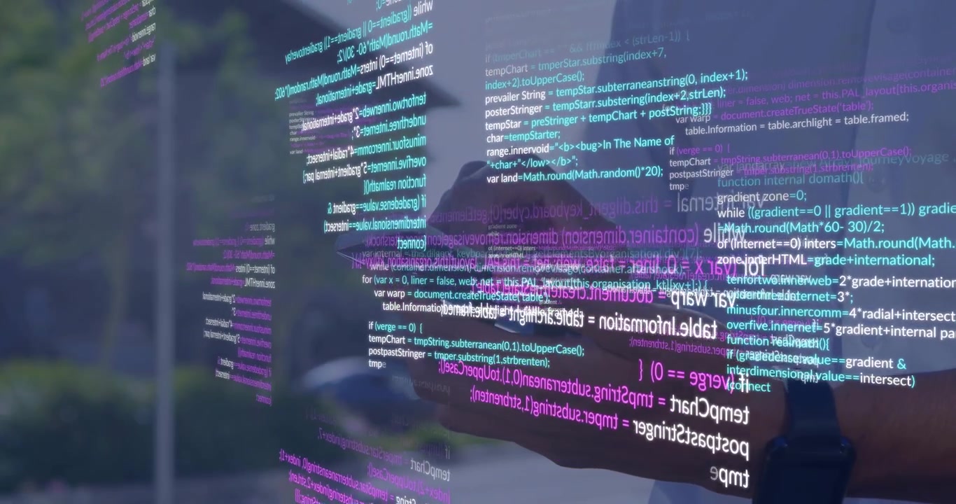 Man tapping smartphone outside causing cyan magenta code layers wrapping phone for tech demo