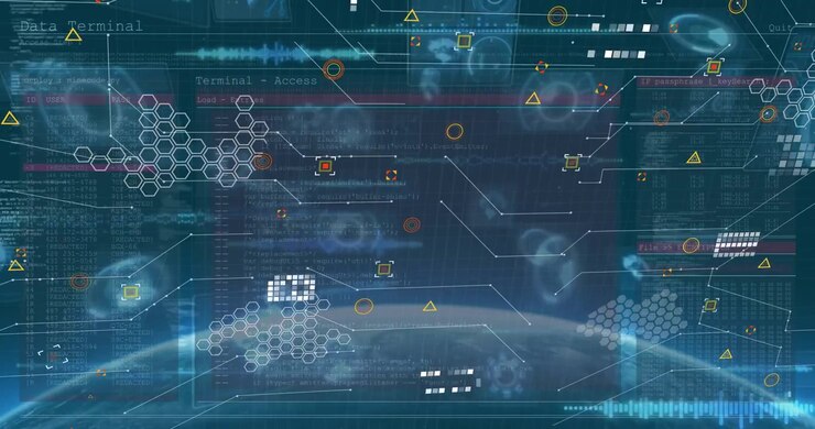 Animation of digital interface and data processing over dark background