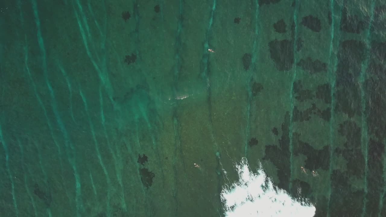Vista dall'alto di surfisti a Pantai Seger a Kuta, Lombok