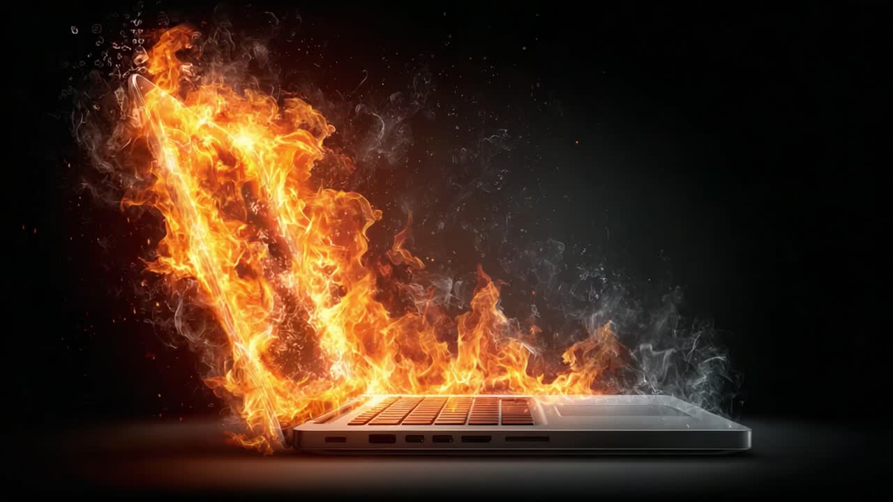 A laptop erupts in vibrant flames, showcasing an artistic representation of technology intertwined with fire, highlighting the dynamic contrast between tech and nature