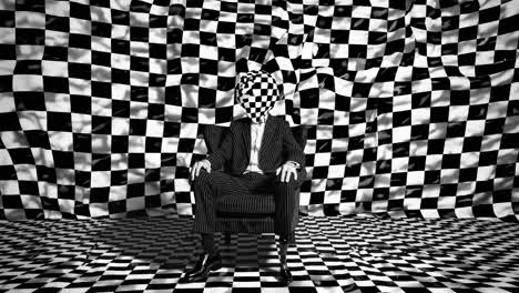 surreal corporate environment revealing businessman's psychological fragmentation, checkered sphere head symbolizing identity distortion within monochrome conceptual space