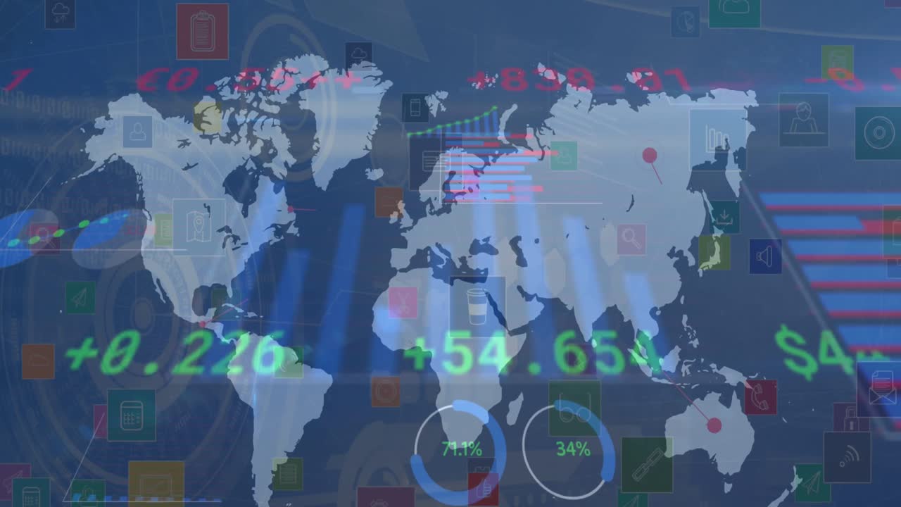 아이콘으로 연결된 네트워크를 통해 세계 지도와 함께 데이터 처리의 애니메이션