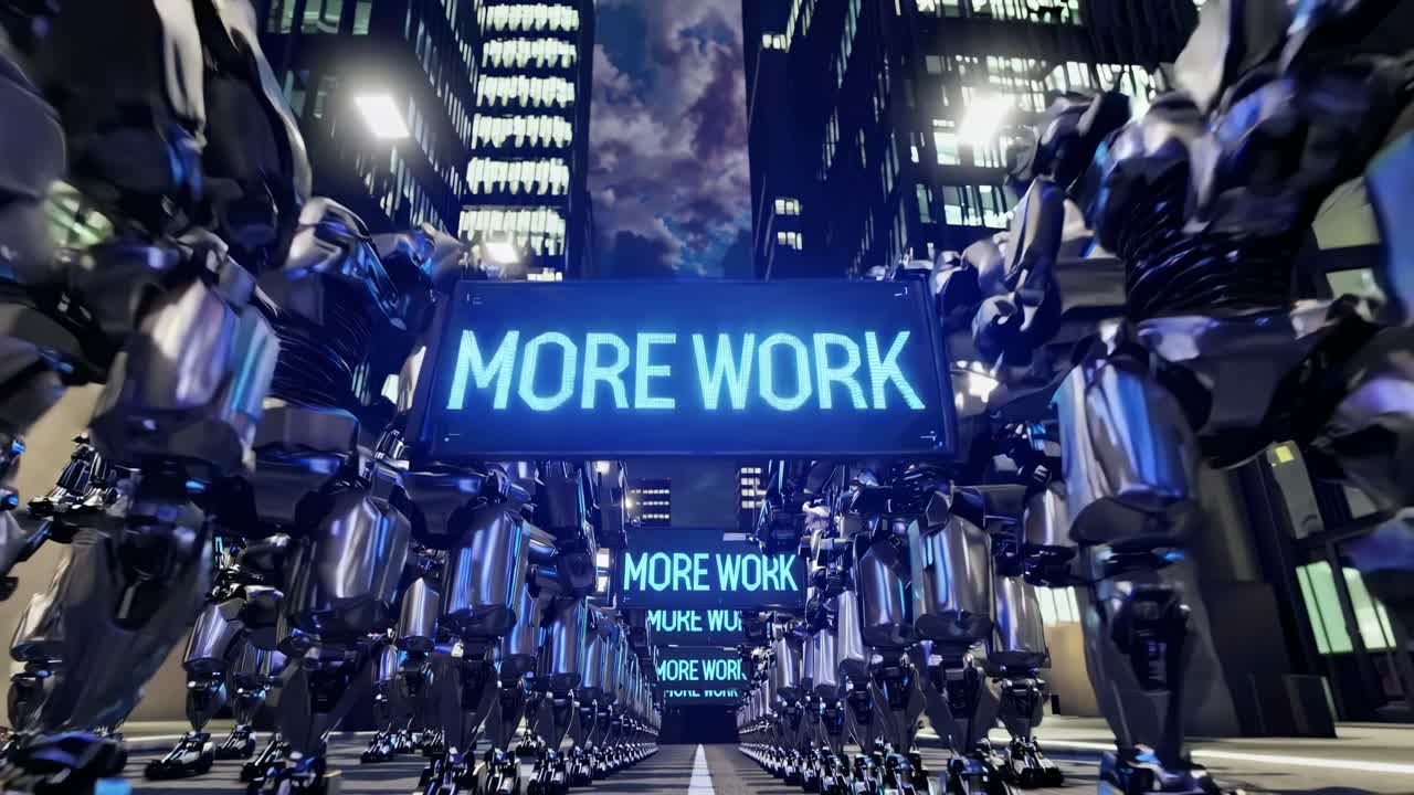 미래의 도시에서 행진하는 금속 로은 과도한 작업과 자동화의 개념을 나타내는 더 많은 작업을 말하는 led 표지판을 들고 있습니다.